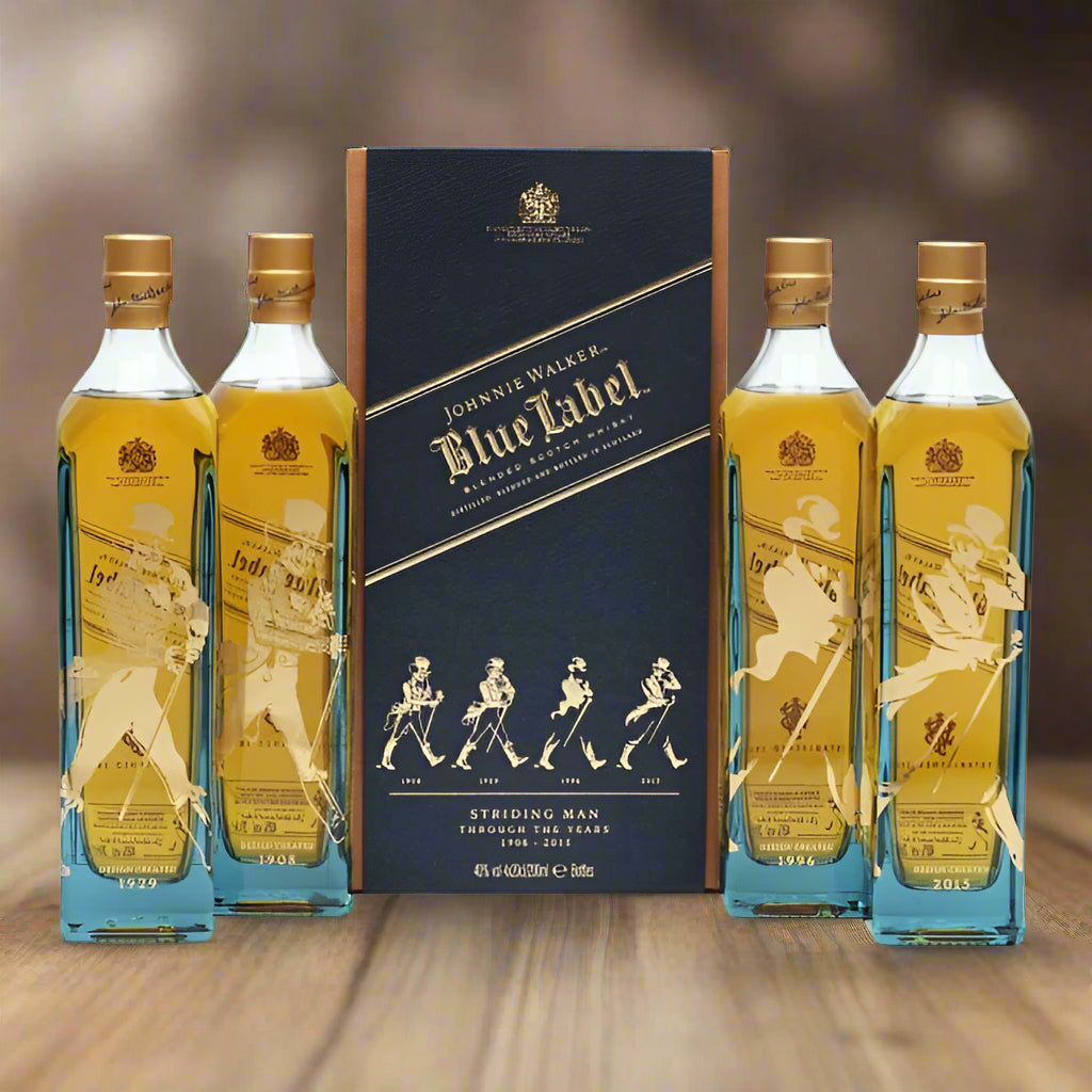 Johnnie Walker Blue Label whisky bottles and packaging on a white background