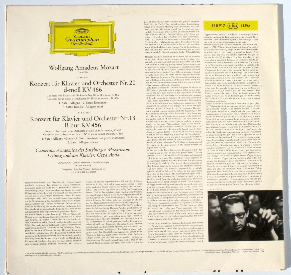 Mozart: Klavierkonzerte D-Moll KV 466 / B-Dur KV 456 ~ Piano Concertos in D Minor and B Flat Major - Vinyl
