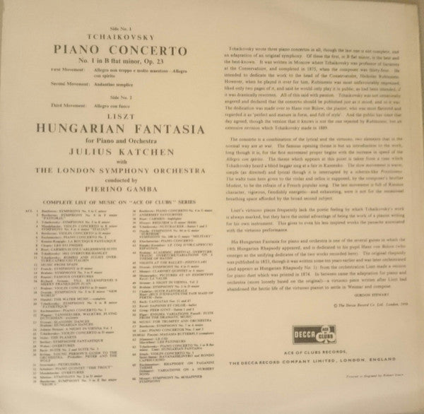 Tchaikovsky* / Liszt*, Katchen*, London Symphony Orchestra, Gamba* – Piano Concerto No. 1 / Hungarian Fantasia- Vinyl