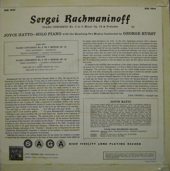 Rachmaninoff* - Joyce Hatto, The Hamburg Pro Musica, George Hurst – Piano Concerto No. 2 In C Minor / Preludes Op. 3 & Op. 23 - Vinyl