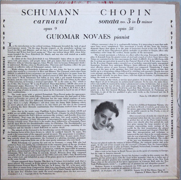 Schumann* / Chopin*, Guiomar Novaes – Carnaval Opus 9 / Sonata No. 3 In B Minor Opus 58 - Vinyl