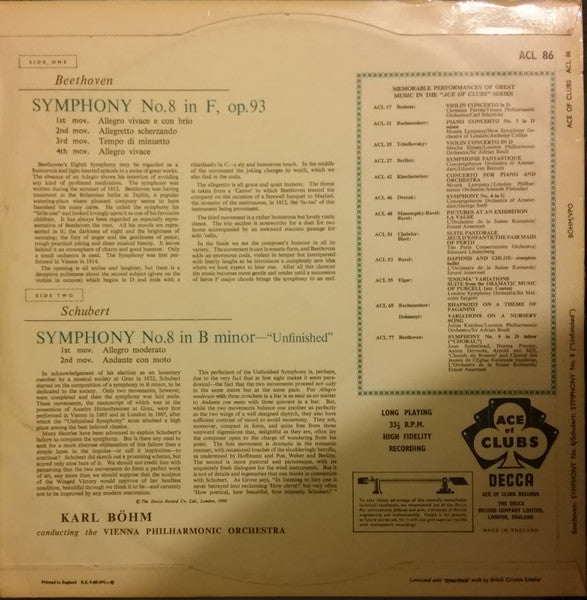 Schubert* / Beethoven* / Vienna Philharmonic Orchestra*, Karl Böhm – Unfinished Symphony / Symphony No. 8 In F - Vinyl