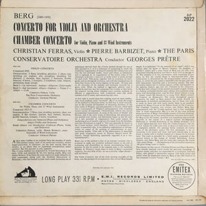 Berg* – Christian Ferras, Pierre Barbizet, The Paris Conservatoire Orchestra*, Georges Prêtre – Concerto For Violin And Orchestra, "A La Mémoire D'un Ange" – Chamber Concerto For Violin, Piano And 13 Wind Instruments - Vinyl