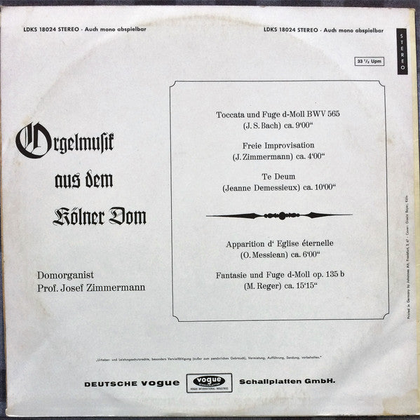 Josef Zimmermann – Orgelmusik Aus Dem Kölner Dom - Vinyl