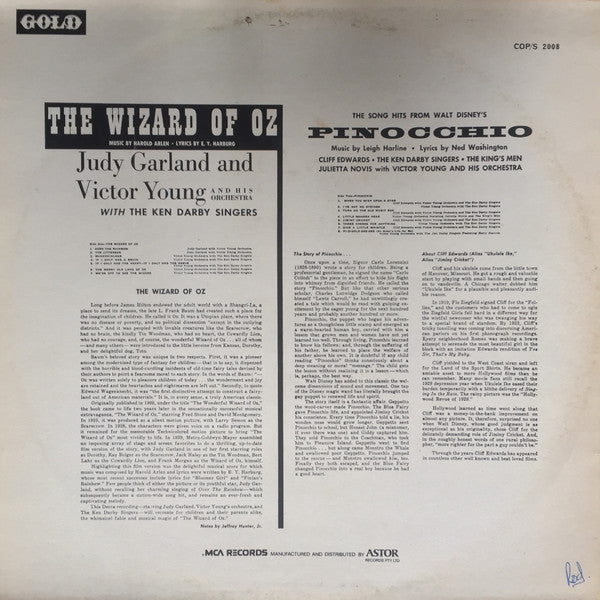 Judy Garland And Victor Young And His Orchestra / Cliff Edwards*, The King's Men, The Ken Darby Singers, Julietta Novis With Victor Young And His Orchestra – The Musical Score Of The Wizard Of Oz / The Song Hits From Walt Disney's Pinocchio - Vinyl