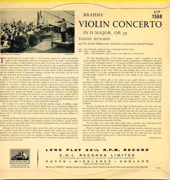 Brahms*, Menuhin*, Berlin Philharmonic Orchestra* - Rudolf Kempe – Violin Concerto – Vinyl
