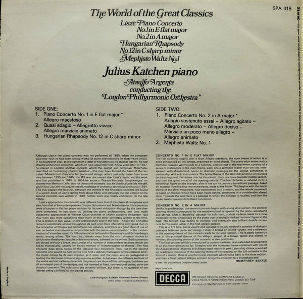 Liszt* : Julius Katchen – Piano Concertos / Hungarian Rhapsody No.12 / Mephisto Waltz No.1- Vinyl