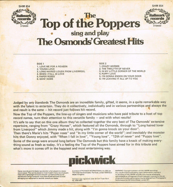 The Top Of The Poppers – Top Of The Poppers Sing & Play The Osmonds' Greatest Hits - Vinyl