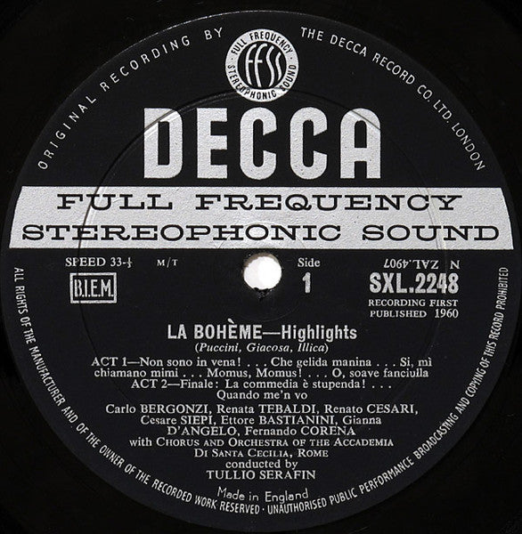 Puccini*, Tebaldi*, Bergonzi*, Bastianini*, Siepi*, Corena*, Serafin* – La Boheme Highlights - Vinyl
