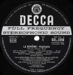 Puccini*, Tebaldi*, Bergonzi*, Bastianini*, Siepi*, Corena*, Serafin* – La Boheme Highlights - Vinyl
