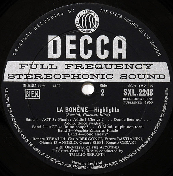 Puccini*, Tebaldi*, Bergonzi*, Bastianini*, Siepi*, Corena*, Serafin* – La Boheme Highlights - Vinyl
