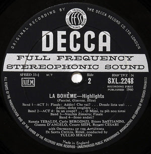 Puccini*, Tebaldi*, Bergonzi*, Bastianini*, Siepi*, Corena*, Serafin* – La Boheme Highlights - Vinyl