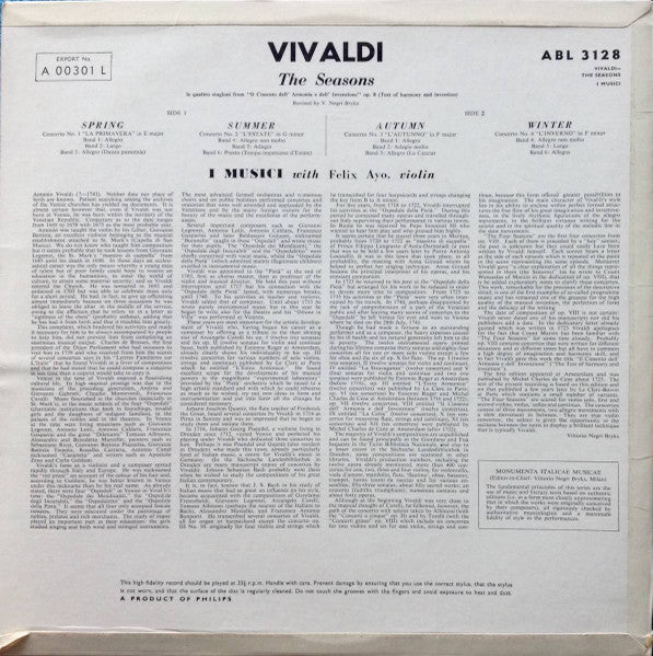 Vivaldi* - I Musici With Felix Ayo* – The Seasons: Le Quattro Stagioni From "Il Cimento Dell'Armonia E Dell'Invenzione" – Vinyl