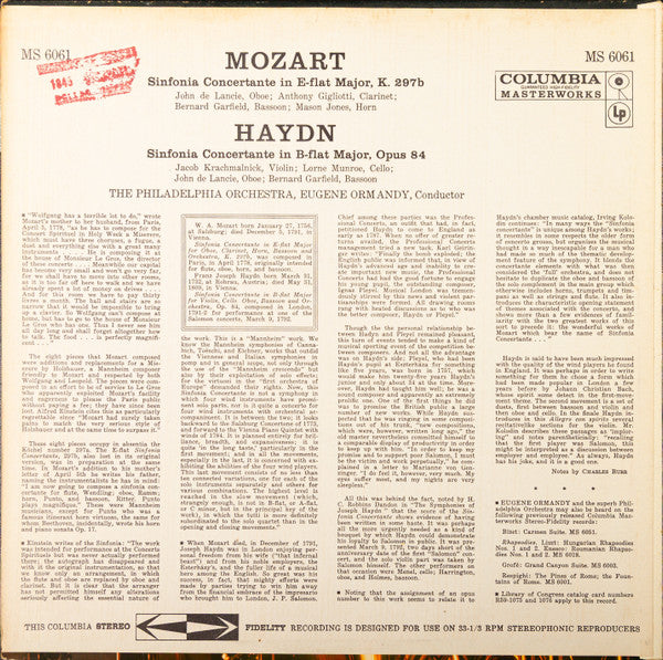 Mozart* / Haydn*, The Philadelphia Orchestra, Eugene Ormandy – Sinfonia Concertante / Sinfonia Concertante – Vinyl
