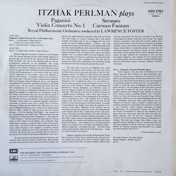 Itzhak Perlman – Paganini* / Sarasate* – Royal Philharmonic Orchestra, Lawrence Foster – Violin Concerto No. 1 / Carmen Fantasy - Vinyl