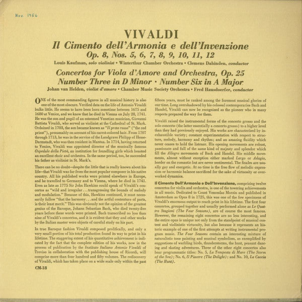 Antonio Vivaldi – Il Cimento Dell'Armonia E Dell'Invenzione - Concertos For Viola D'Amore - Vinyl