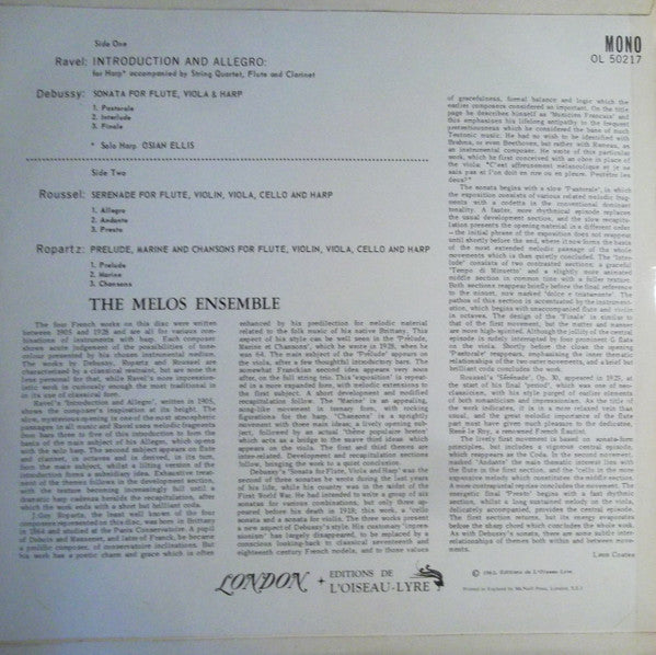 Ravel*, Debussy*, Roussel*, Ropartz*, Melos Ensemble* With Osian Ellis – Melos Ensemble With Osian Ellis, Harp - Vinyl