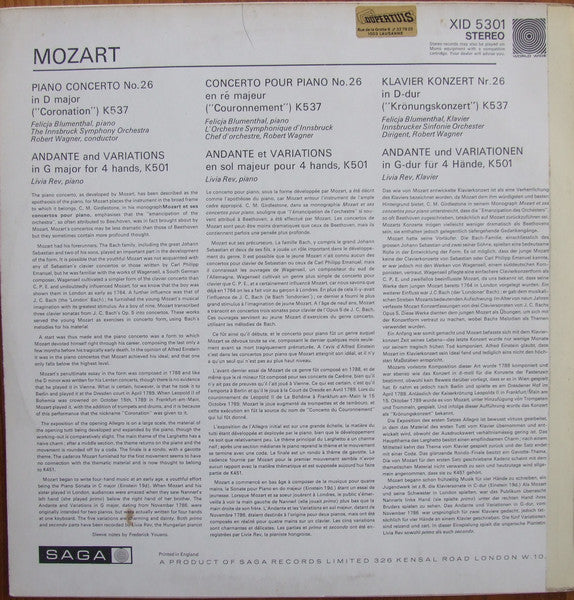 Mozart* – Piano Concerto No 26 (Coronation) K537 / Andante And Variations For 4 Hands, K501 – Vinyl