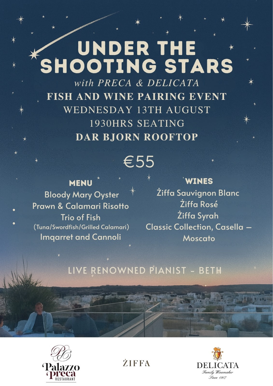 Under the shooting stars - Fish & Wine Pairing in aid of ALS Malta