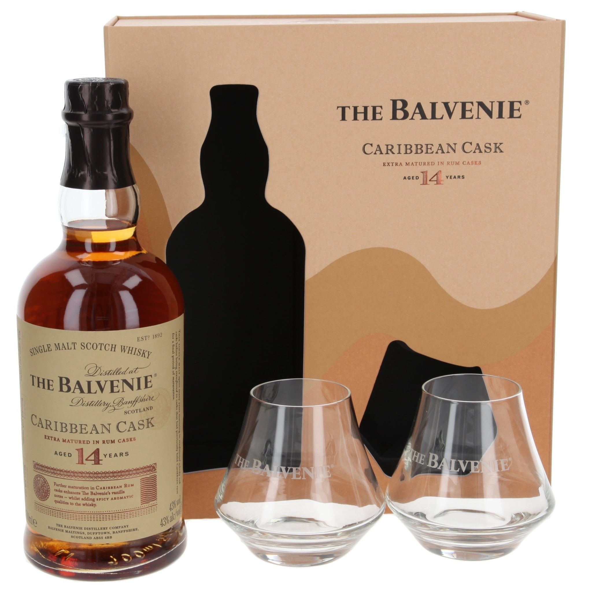 Balvenie 14 year old Caribbean cask w/glasses Giftset