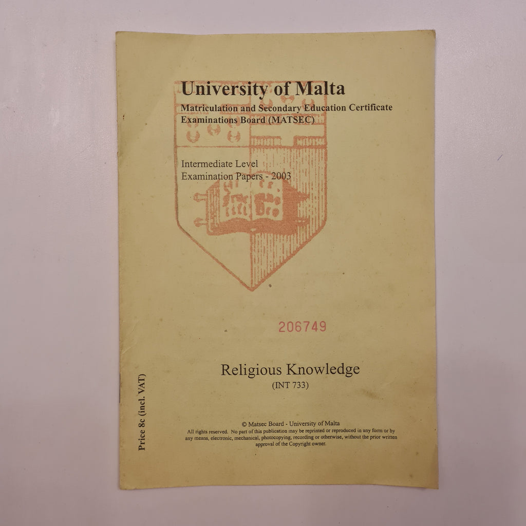 University of Malta MATSEC Religious Knowledge (Int 733)